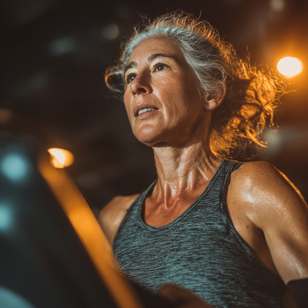 Mujer de 52 años en sesión de cardio intenso en caminadora, con expresión de concentración y energía