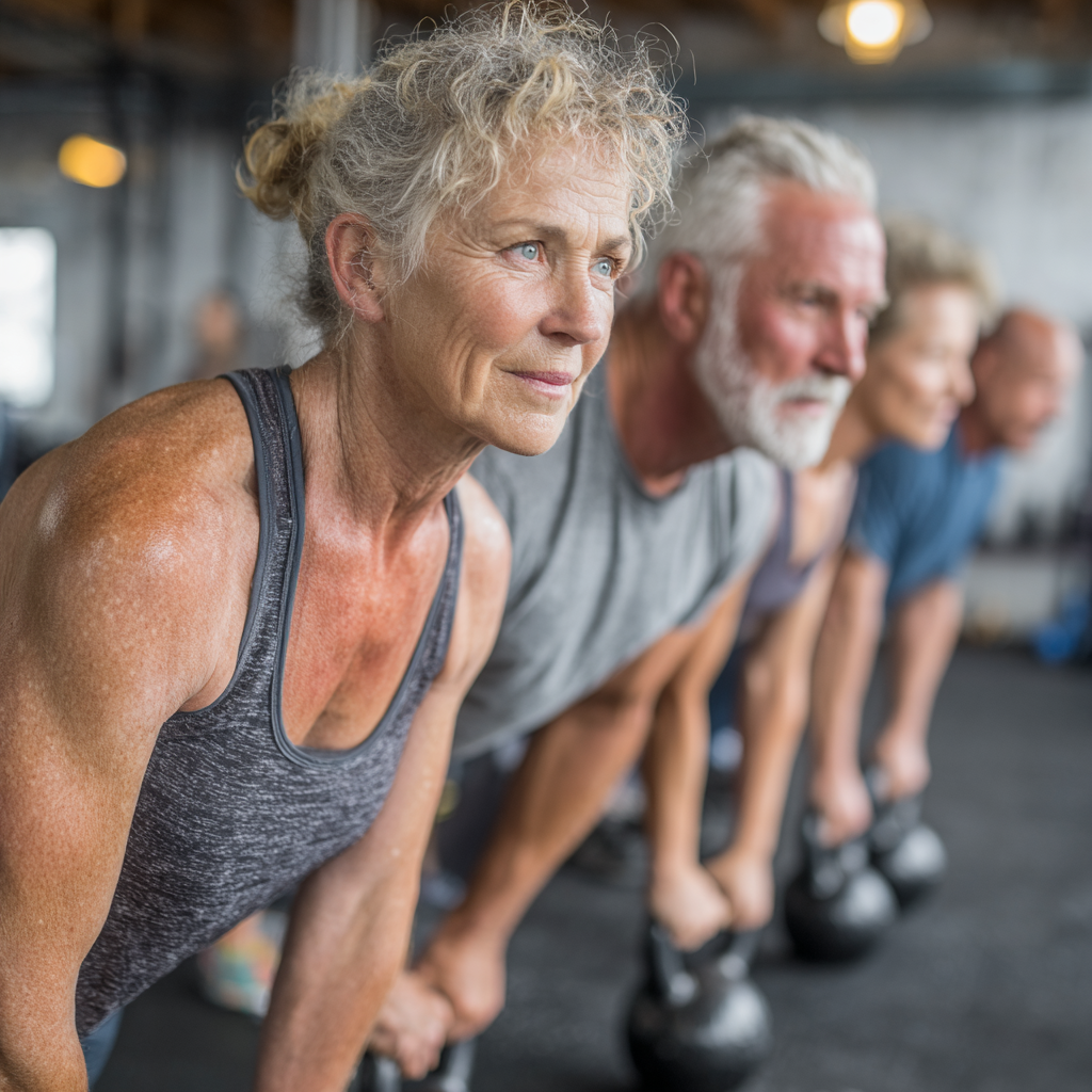 Grupo de personas de 50-60 años realizando ejercicios HIIT con kettlebells, mostrando trabajo en equipo y esfuerzo